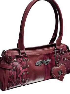 Ed Hardy Red Studded Snake Print Handbag